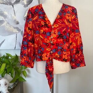 Womens Linen Floral Top Medium Red Button Tie Front Boho Cropped Fairy Artsy